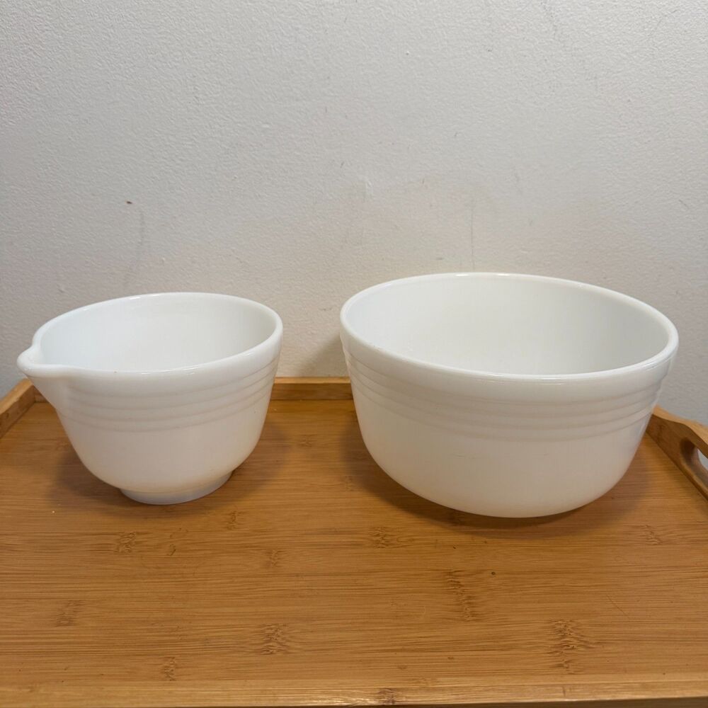 Vintage Pyrex Hamilton Beach Milk Glass Mixer Bowls Set of 2 White Ribbed USA